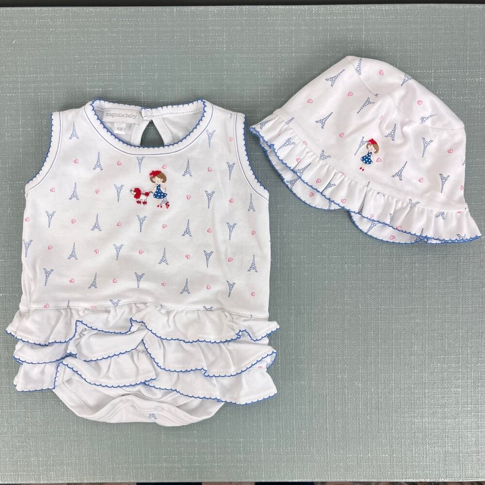 Magnolia Baby Ruffle Bubble Romper & Sun Hat Paris Print 6 Months - Picture 10 of 10